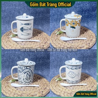   NHIỀU MẪU  Ly Ca Thẳng Có Nắp Kèm Thìa Họa Tiết Đẹp Ca Sứ Bát Tràng Có Tay Cầm Kèm Thìa 