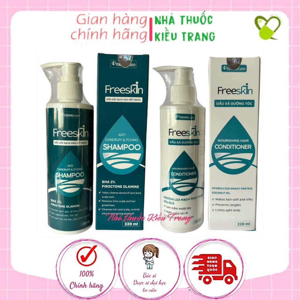 Dầu gội sạch gàu hết ngứa & dầu xả dưỡng tóc FREESKIN - NOVOCARE chuyên dùng cho tóc gàu, ngứa, viêm