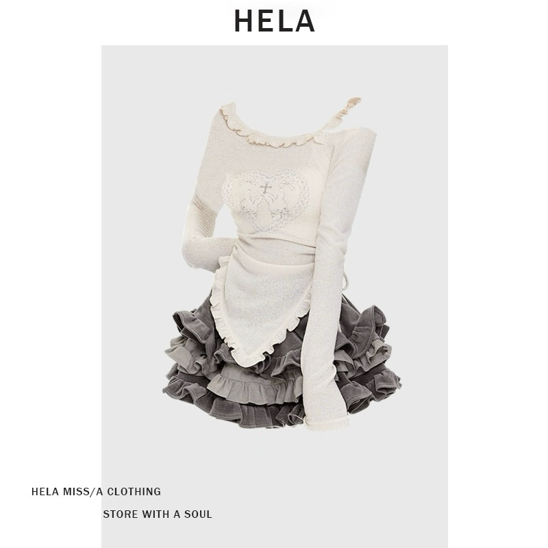 Full Set HeLa Áo Dài Tay Lệch Vai Phối Chân Váy