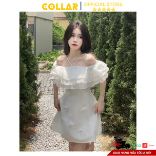 Váy nữ COLLAR dáng ngắn trễ vai tầng đính bướm 2 màu đen trắng sang chảnh