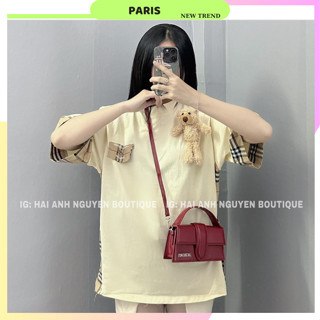 Áo phông nữ from rộng tay lỡ đính kèm gấu hoạ tiết kẻ sau lưng