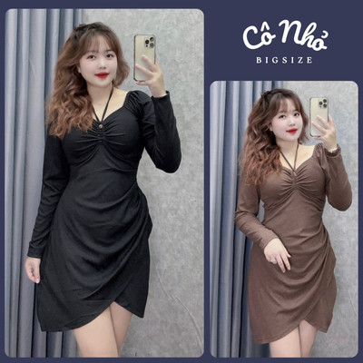Đầm Bigsize Nữ Thiết Sang Chảnh Tay Dài Vạt Đắp Chéo Nhún Chun Ôm Body Vải Thun Gân G214