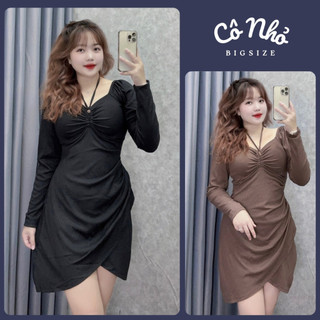 Đầm Bigsize Nữ Thiết Sang Chảnh Tay Dài Vạt Đắp Chéo Nhún Chun Ôm Body Vải Thun Gân G214
