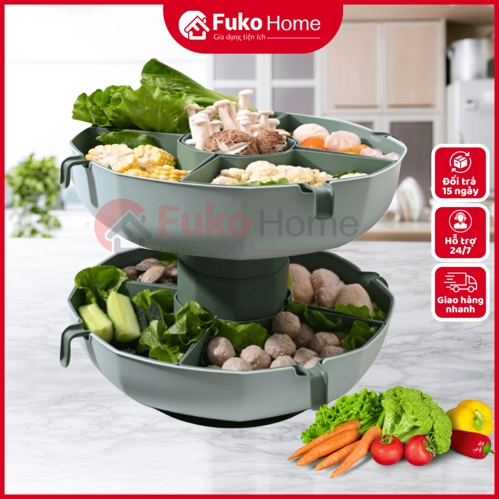 Khay Rổ Đựng Rau Ăn Lẩu 5 Ngăn Lớn Xoay 360 Độ, Khay Nhựa Đựng Đồ Ăn Lẩu Fuko Home, Khay Rổ Đựng Lẩu