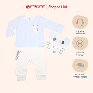 Bộ Bodysuit Dài Tay Romper Bé Trai Bibo's Thêu Họa Tiết Tặng Kèm Yếm, Mũ Ngộ Nghĩnh Cotton Gân Mềm Mịn