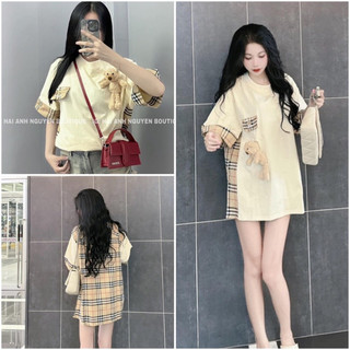 Áo thun phối kẻ gấu nắp túi🍑 áo thun cotton khô dày dặn