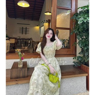 Đầm thời trang nữ, đầm maxi chất voan hoa xòe tay phồng cột nơ trước ngực, MOOKING sau lưng có hai tone màu siêu tôn da