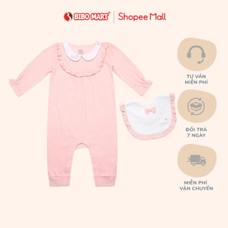 Bộ Bodysuit Dài Tay Romper Bé Gái Bibo's Hồng Cổ Sen Tặng Yếm Cotton Mềm Mịn, Thoải Mái Bé 6-12 tháng