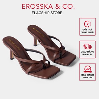 Erosska - Dép cao gót nữ mũi vuông xỏ ngón phối dây mảnh màu nâu đậm cao 7cm - EM060