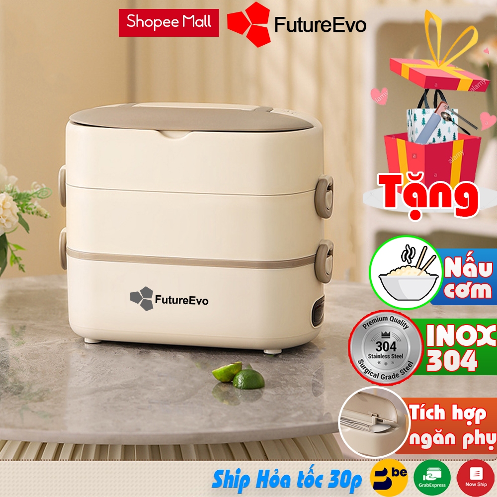 Hộp Cơm Cắm Điện Futureevo - Bear 2 Tầng 3 Khay Inox Nấu Cơm Nấu Thức Ăn Và Hâm Nóng Tặng Full Quà