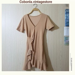 Đầm thun phối viền form ôm nhẹ màu nâu pastel phong cách Ulzzang Hàn Quốc - hàng 2hand