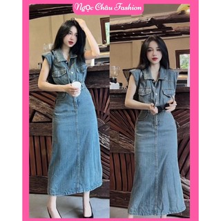 Đầm váy jean dài ôm form maxi sát nách cổ bẻ 2 túi trước có dây kéo, sau lưng eo có chun co dãn form 38-53kg