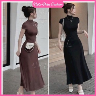 Đầm maxi dáng dài cổ lọ tay ngắn chất thun tăm lạnh 2 màu đen, nâu form 38-53kg