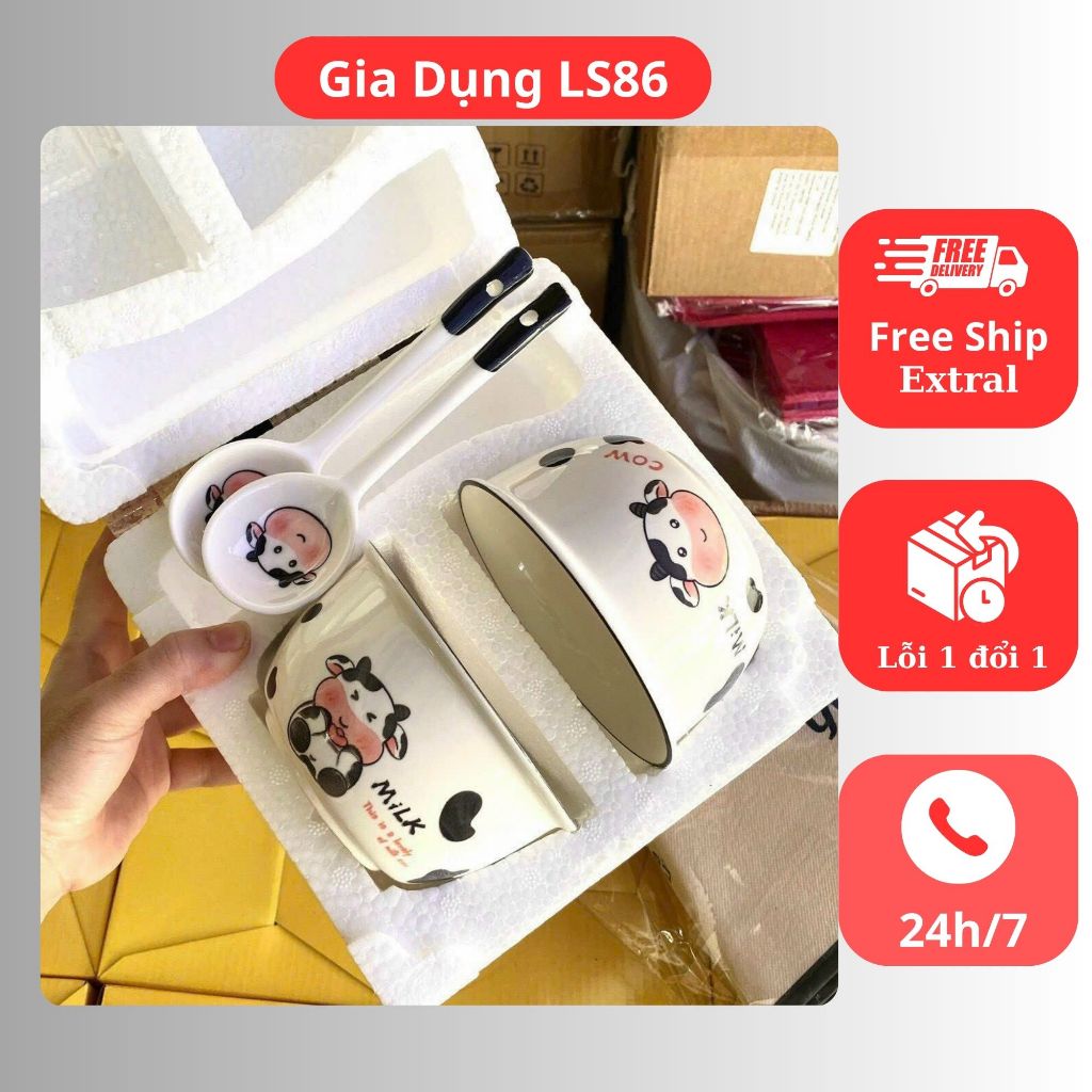 Bát ,Sét 2 Bát Tặng Kèm 2 Thìa Bằng Sứ Nhiều Mẫu Siêu Cute
