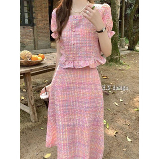 Hv - set bộ đồ nữ kẻ hồng áo croptop cổ sen phối trắng mix chân váy dài