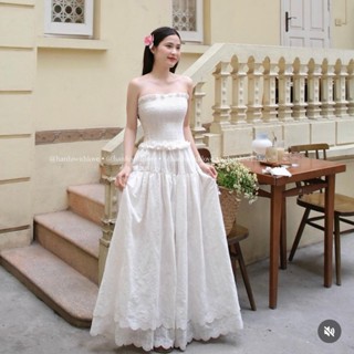 ( SẴN HÀNG) Đầm váy maxi cúp ngực bo chun nhún eo dáng xòe , đầm ống váy quây hai tầng có tay dáng dài tiểu thư đi biển