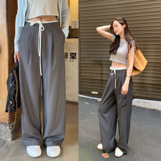 Quần dài nữ kẻ sọc phối cạp chun trắng ống rộng xếp ly Striped Pants Kimee MQ071
