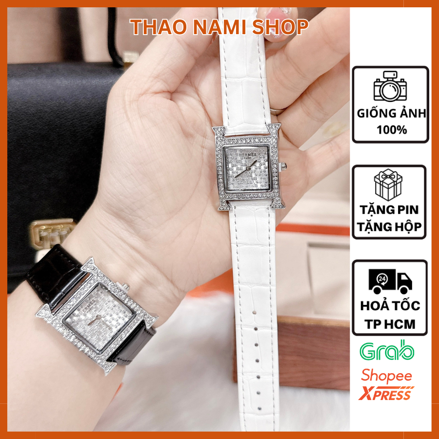Đồng hồ nữ dây da HM., đồng hồ nữ dây da cao cấp mặt vuông nhỏ xinh đính đá trẻ trung - ThaoNami