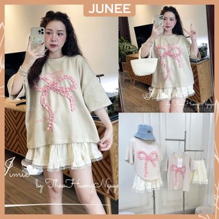  Set Bộ Đồ Nữ Áo Phông Kem Nơ Ren Hồng Đính Nổi Phối Chữ In Mix Chân Váy Tầng Viền Ren Dáng Freesize 