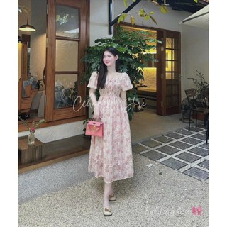 Đầm voan hoa nhí mặc biển hè cổ vuông tay phồng kèm dây nơ nhún ngực dáng váy dài xòe xinh xắn