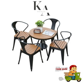 Bộ bàn ghế ban công ngoài trời 4 ghế vân gỗ bằng thép không rỉ, bàn ghế ban công sân vườn mặt gỗ sồi