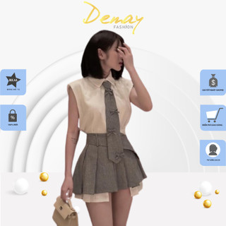 Sét đồ nữ mùa hè DEMAY, thiết kế áo sát nách phối cà vạt mix chân váy dập ly trẻ trung