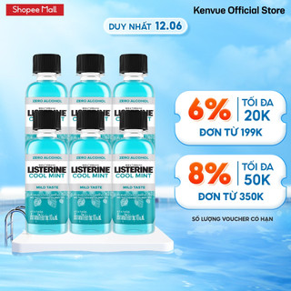 Bộ 6 Chai Nước Súc Miệng Giữ Hơi Thở Thơm Mát Không Cay Listerine Cool Mint Zero Alcohol - Dung tích 100ml/chai
