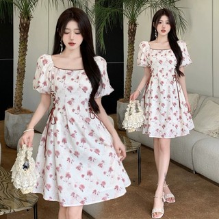 🌸Hàng Oder🌸Váy Đầm Bigsize Gấm Thêu Hoa Nổi Cổ Vuông Tay Bồng Dây Siết Eo Dáng Xoè Tiểu Thư🌸Hàng Quảng Châu