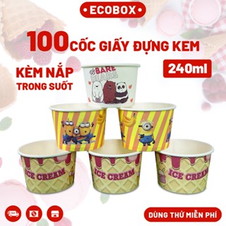 SET 100 Cốc Giấy Đựng Kem 240ml, Cốc Cừu Có Nắp Dùng 1 Lần, Ly Kem Giấy Cứng Cáp, An Toàn, Không Thấm Nước