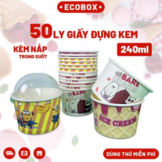 SET 50 Ly Giấy Đựng Kem Tươi 240ml, Kèm Nắp PET Cầu, Cốc Cừu Nhỏ Dùng 1 Lần, Giấy Cứng Cáp, Tráng Phủ PE Chống Thấm