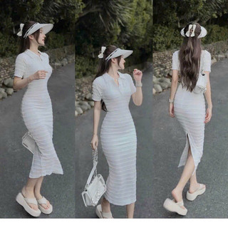 Đầm thời trang nữ mặc đi chơi chất xô 2 lớp cổ V sơ mi cao nút 2 màu đen và trắng ôm body