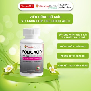 Viên Uống Bổ Máu Folic Acid Plus Iron Vitamins For Life - Cung Cấp Acid Folic & Sắt (Hộp 100 Viên)