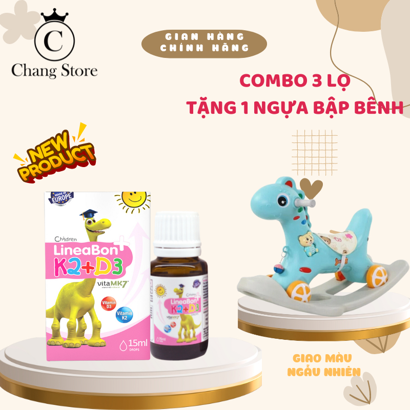 [TẶNG NGỰA BẬP BÊNH -Date 2028 tặng kèm muỗng] COMBO 3 lọ Vitamin D3K2 Lineabon HỒNG 15ML tinh khiết