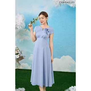 Đầm Charmilles vạt xếp đính hoa ngực Xanh 24MD218XN