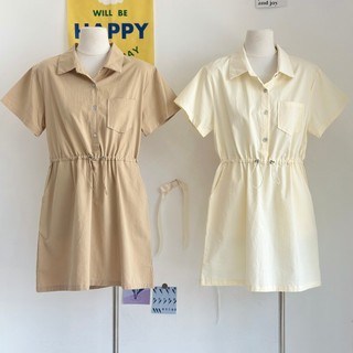 Đầm sơ mi polo kaki dây rút nữ tay cộc dáng ngắn Midi sang trọng