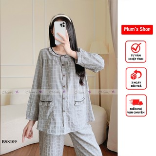 Đồ bộ bầu và sau sinh🚛FREESHIP🚛  BSS109 - Bộ kẻ xanh cổ tròn 2 túi