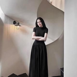 V160 Đầm body tay ngắn nhún eo dáng xòe dài xinh xắn đáng yêu - thun gân lạnh