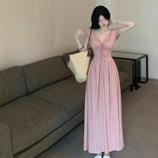 V265 ￼Đầm Tay Ngắn Cổ Chữ V Eo Cao Đơn Giản Phong Cách  Thời Trang Mùa Hè Hàng Mới Dành Cho Bạn Nữ