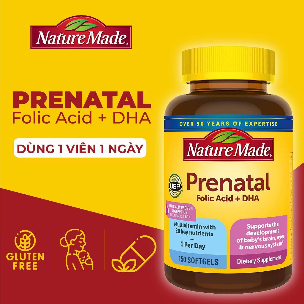 Vitamin tổng hợp bầu Nature Made Prenatal Folic Acid + DHA 150 viên bổ sung vitamin, DHA