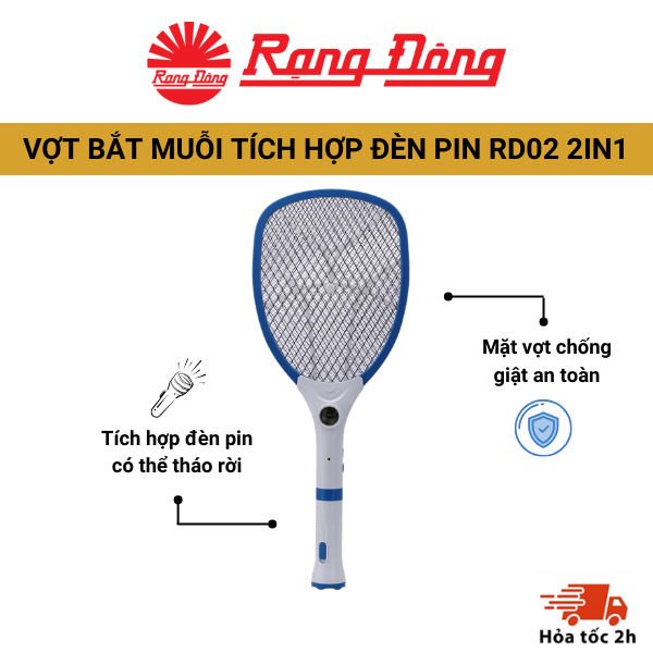 Vợt bắt muỗi điện tử Rạng Đông RD05 2IN1 bắt côn trùng, có đèn báo sạc pin- Tích hợp tay cầm có thể tháo rời làm đèn pin