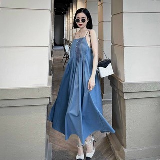 M884 - Đầm 2 dây linen xếp ly ngực dáng suông dài