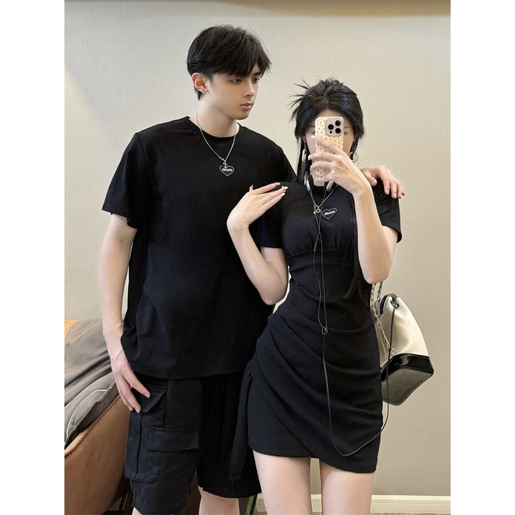 Đồ đôi nam nữ hàn quốc mùa hè áo thun nam váy nữ đắp chéo màu đen cho cặp đôi COUPLE LOVE C192
