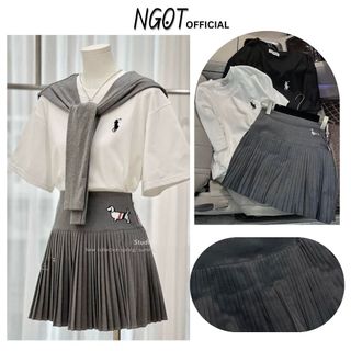 Sét Áo Nữ Thêu Ngựa Phối Chân Váy Xếp Ly NGỌT OFFICIAL, Sét Thome Nữ Áo Phông Trơn Thêu Basic Kèm Chân Váy Trẻ Trung