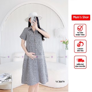Váy bầu thiết kế mum's shop vcr079 váy bầu cổ đức dáng sơ mi công sở caro nhỏ xinh