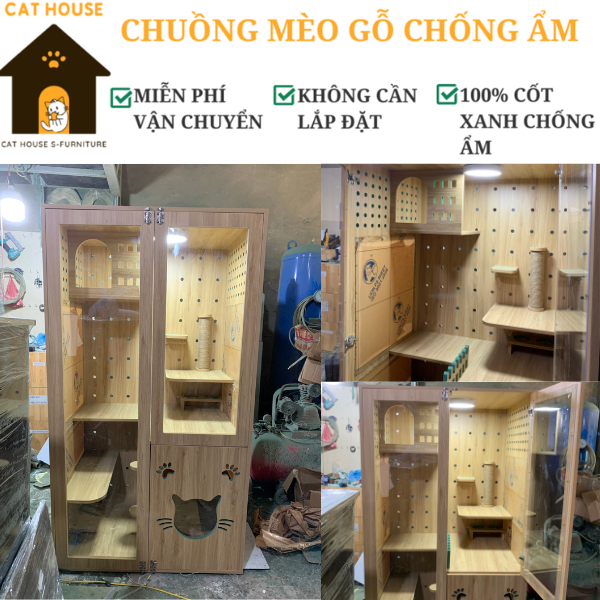 Chuồng mèo gỗ MDF cốt xanh chống ẩm, Nhà mèo, Lồng mèo, Nhà thú cưng giá xưởng H02