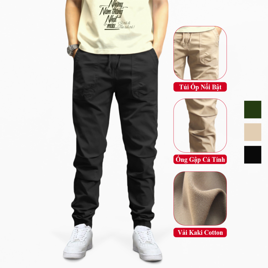 Quần Jogger Kaki Túi Ốp Nam Cạp Chun Bo Gấu VICENZO Vải Cotton Dày Dặn