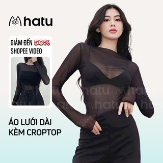 Áo lưới kiểu dài tay kèm croptop ngắn ôm cá tính, áo kiểu xuyên thấu basic quyến rũ co dãn 2 chiều
