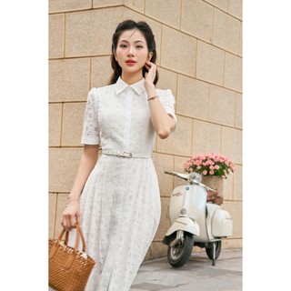 Mozz- Váy ren hoa mềm cổ sơ mi phối trắng (thắt lưng bán rời)