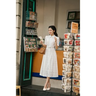 Mozz- Váy ren hoa mềm cổ sơ mi phối trắng (thắt lưng bán rời)