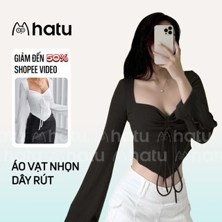 Áo Kiểu Croptop Nữ Dài Tay Ống Loe Cổ Vuông Vạt Nhọn Phối Dây Rút Ngực Phong Cách Sexy Cá Tính
